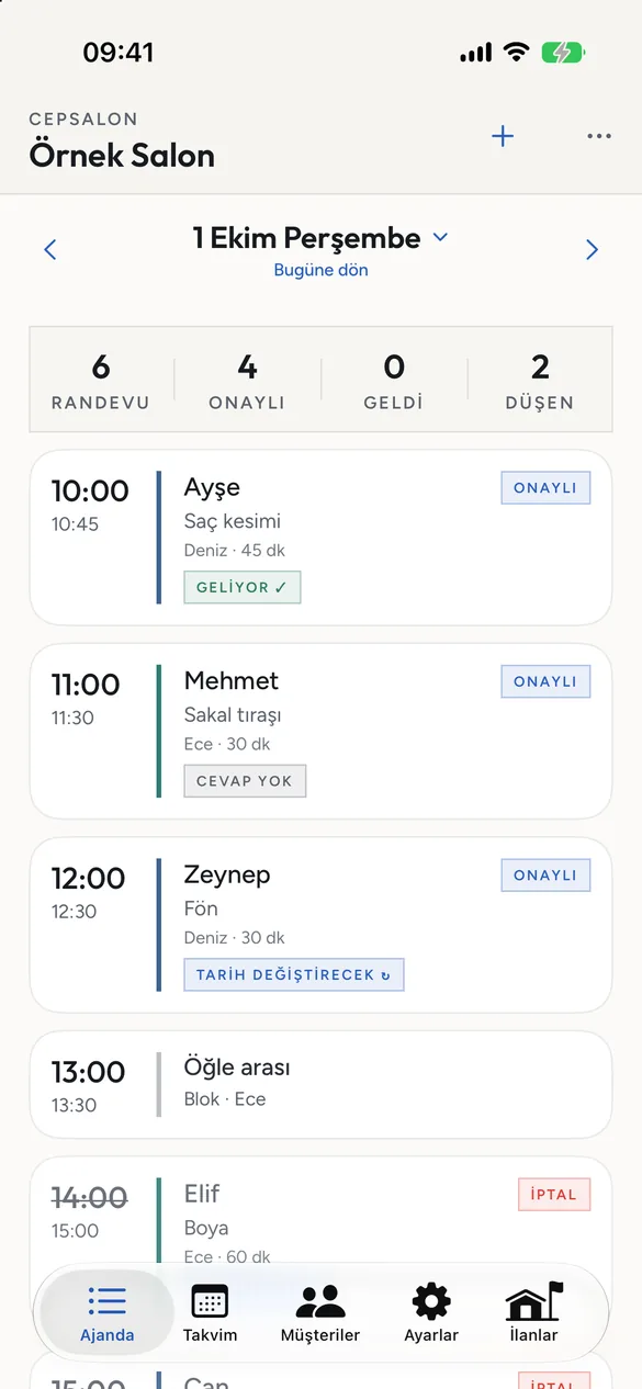CepSalon ajandası: günün randevuları, onay durumları ve öğle arası