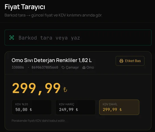 Labyra Label fiyat tarayıcı: okutulan ürünün fiyatı, KDV kırılımı ve son taramalar